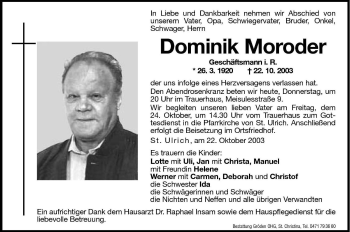Traueranzeige von Dominik Moroder von Dolomiten