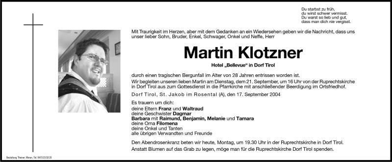  Traueranzeige für Martin Klotzner vom 20.09.2004 aus Dolomiten