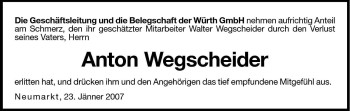 Traueranzeige von Anton Wegscheider von Dolomiten