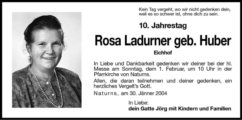  Traueranzeige für Rosa Ladurner vom 30.01.2004 aus Dolomiten