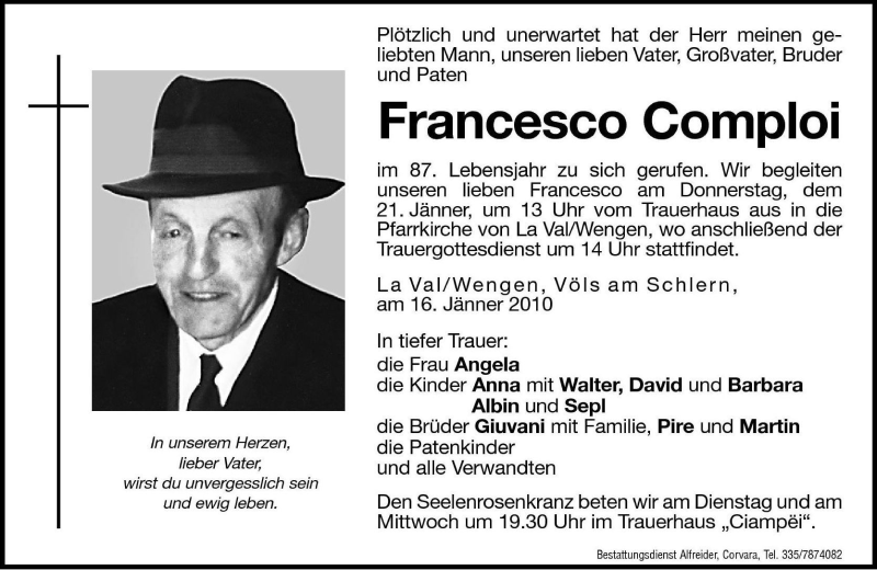  Traueranzeige für Francesco Comploi vom 19.01.2010 aus Dolomiten