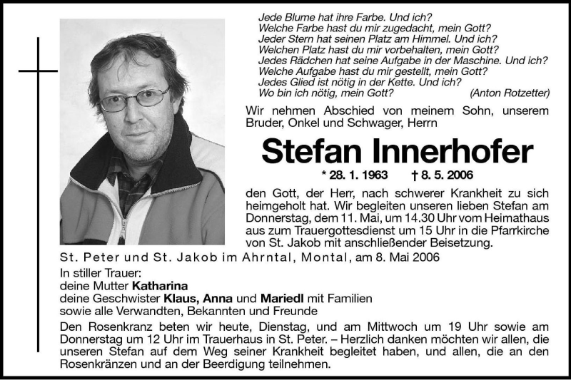  Traueranzeige für Stefan Innerhofer vom 09.05.2006 aus Dolomiten