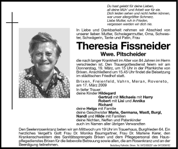 Traueranzeige von Theresia Pitscheider von Dolomiten