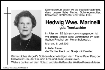 Traueranzeige von Hedwig Marinelli von Dolomiten