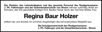 Traueranzeige von Regina Baur Holzer von Dolomiten