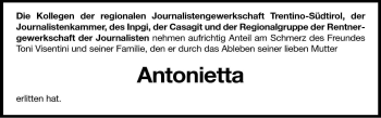 Traueranzeige von Antonietta Visentini von Dolomiten
