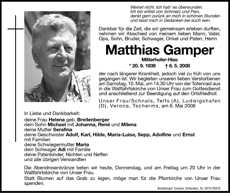  Traueranzeige für Matthias Gamper vom 08.05.2008 aus Dolomiten