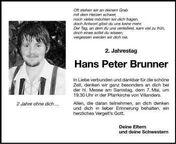 Traueranzeige von Hans-Peter Brunner von Dolomiten