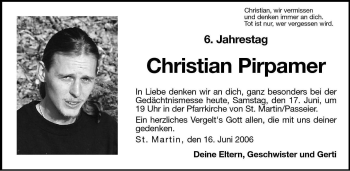 Traueranzeige von Christian Pirpamer von Dolomiten