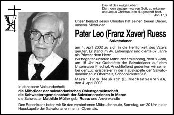 Traueranzeige von Pater Leo (Franz Xaver) Ruess von Dolomiten