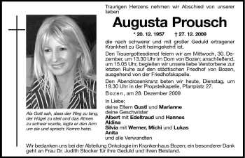 Traueranzeige von Augusta Prousch von Dolomiten