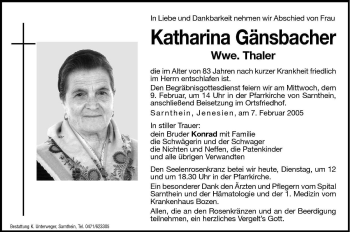 Traueranzeige von Katharina Thaler von Dolomiten