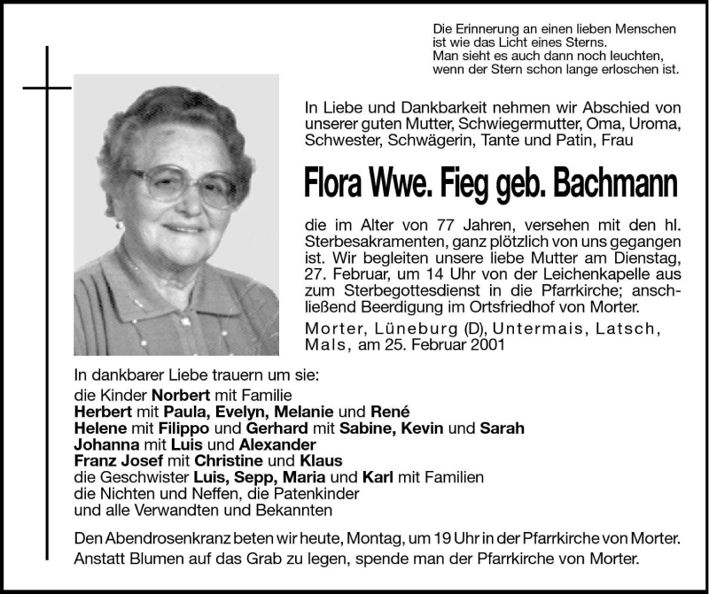  Traueranzeige für Flora Fieg vom 26.02.2001 aus Dolomiten