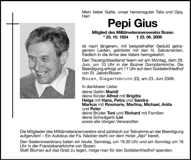  Traueranzeige für Pepi Gius vom 24.06.2006 aus Dolomiten
