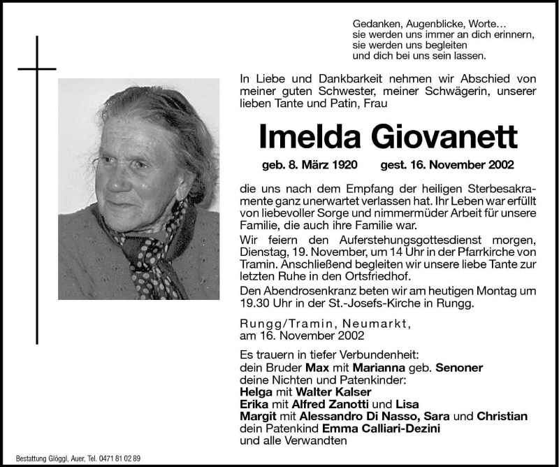  Traueranzeige für Imelda Giovanett vom 18.11.2002 aus Dolomiten