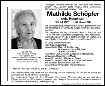 Traueranzeige von Mathilde Schöpfer von Dolomiten