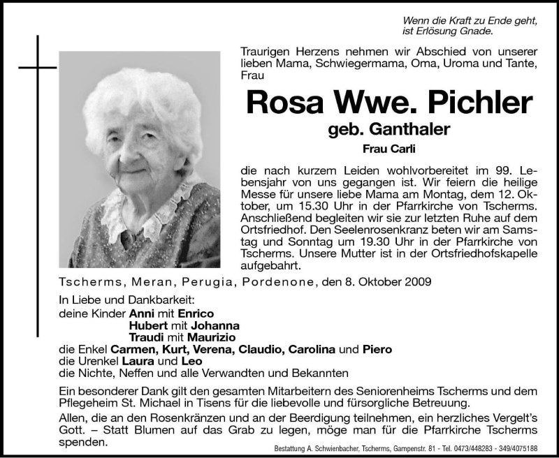 Traueranzeige für Rosa Pichler vom 10.10.2009 aus Dolomiten