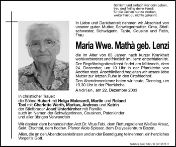 Traueranzeige von Maria Matha von Dolomiten