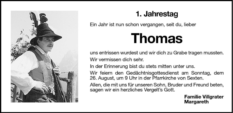  Traueranzeige für Thomas  vom 24.08.2001 aus Dolomiten