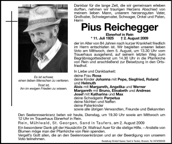 Traueranzeige von Pius Reichegger von Dolomiten