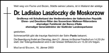 Traueranzeige von Ladislao Laszloczky de Moskorzow von Dolomiten