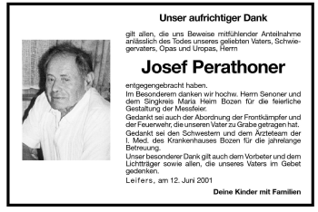 Traueranzeige von Josef Perathoner von Dolomiten
