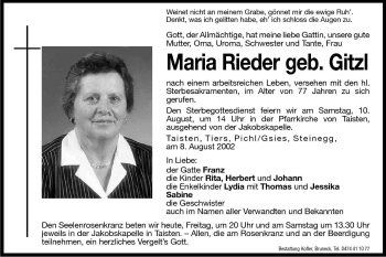 Traueranzeige von Maria Rieder von Dolomiten