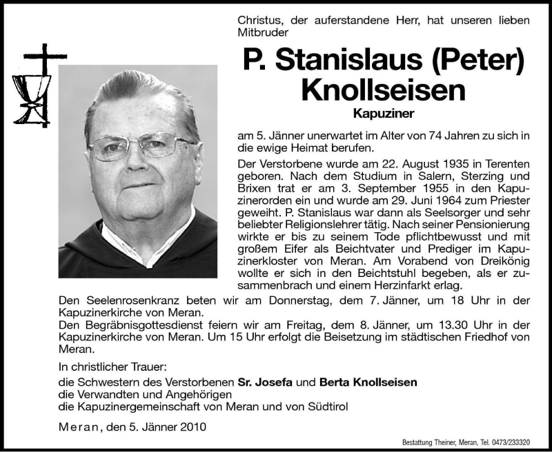  Traueranzeige für P. Stanislaus (Peter) Knollseisen vom 07.01.2010 aus Dolomiten