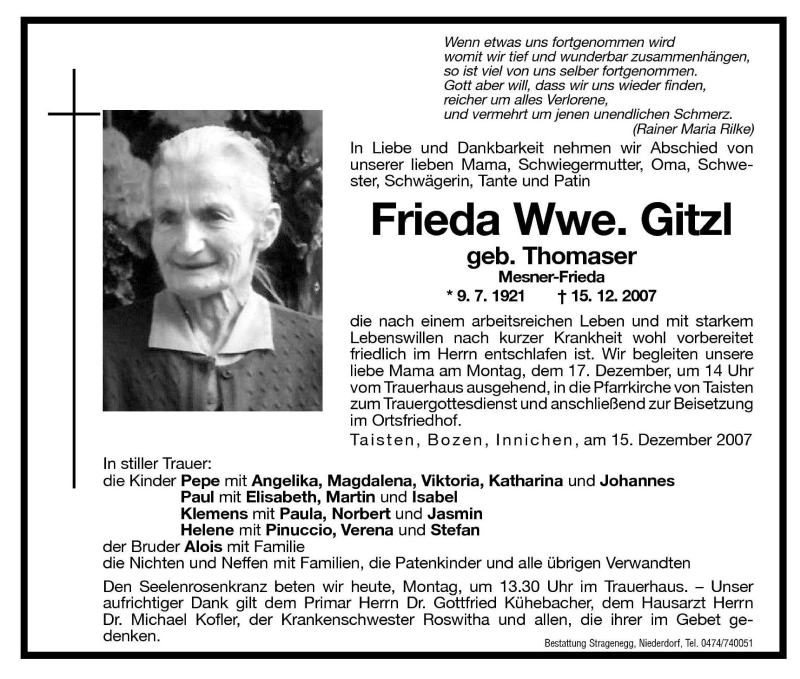  Traueranzeige für Frieda Gitzl vom 17.12.2007 aus Dolomiten