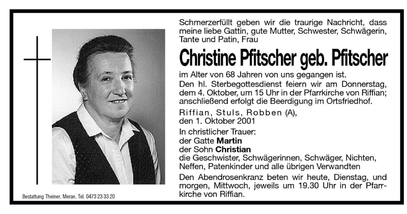  Traueranzeige für Christine Pfitscher vom 02.10.2001 aus Dolomiten