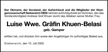 Traueranzeige von Luise Gräfin Khuen-Belasi von Dolomiten