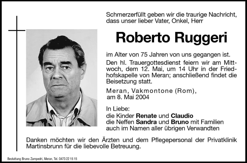  Traueranzeige für Roberto Ruggeri vom 11.05.2004 aus Dolomiten