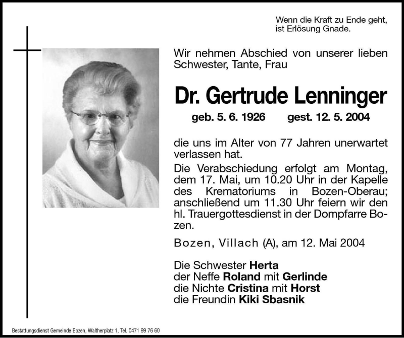  Traueranzeige für Gertrude Lenninger vom 15.05.2004 aus Dolomiten