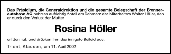 Traueranzeige von Rosina Höller von Dolomiten