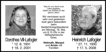 Traueranzeige von Dorothea Vill-Lafogler von Dolomiten