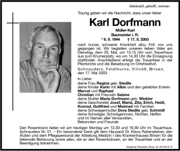 Traueranzeige von Karl Dorfmann von Dolomiten