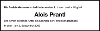 Traueranzeige von Alois Prantl von Dolomiten