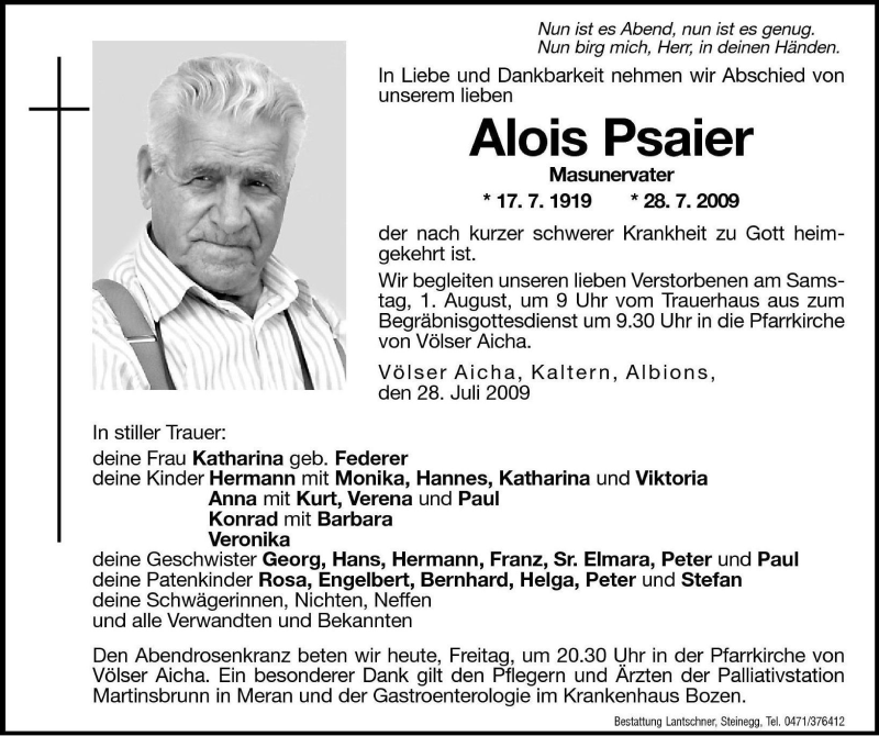  Traueranzeige für Alois Psaier vom 31.07.2009 aus Dolomiten