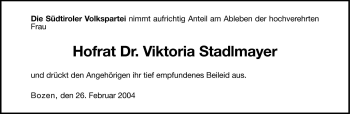 Traueranzeige von Viktoria Stadlmayer von Dolomiten