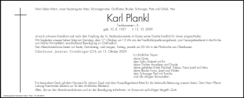 Traueranzeige von Karl Plankl von Dolomiten