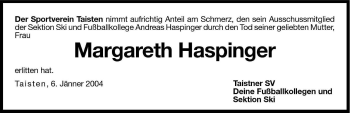 Traueranzeige von Margareth Haspinger von Dolomiten