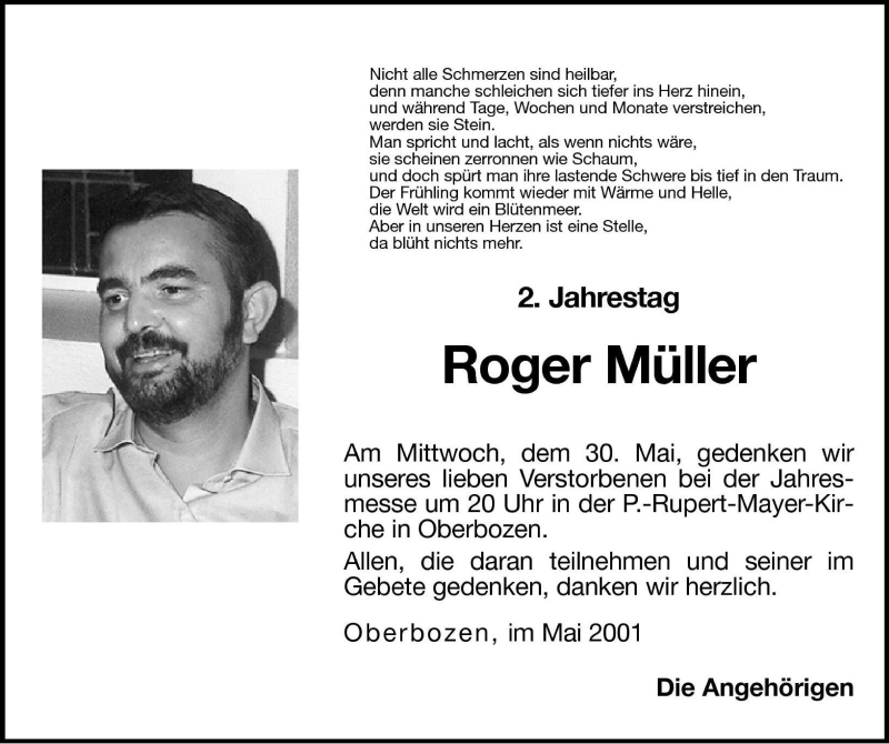  Traueranzeige für Roger Müller vom 26.05.2001 aus Dolomiten