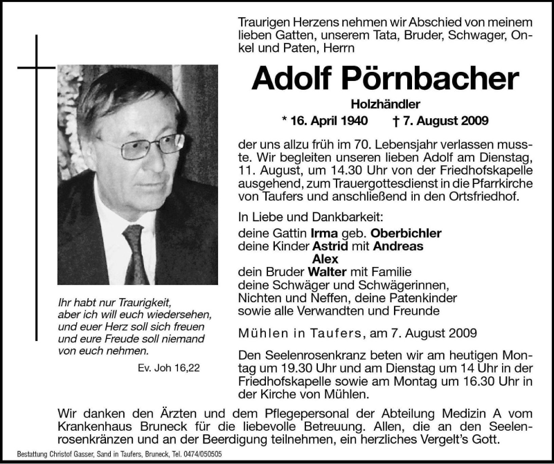  Traueranzeige für Adolf Pörnbacher vom 10.08.2009 aus Dolomiten
