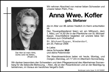 Traueranzeige von Anna Kofler von Dolomiten