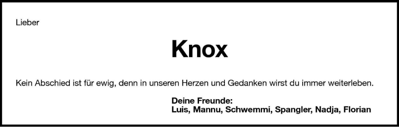  Traueranzeige für Knox  vom 17.05.2001 aus Dolomiten
