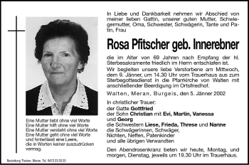 Traueranzeige von Rosa Pfitscher von Dolomiten