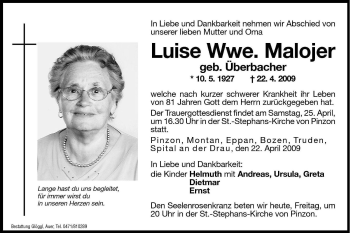 Traueranzeige von Luise Malojer von Dolomiten
