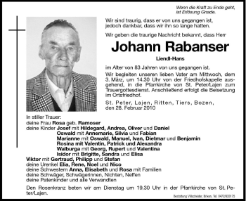 Traueranzeige von Johann Rabanser von Dolomiten