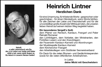Traueranzeige von Heinrich Lintner von Dolomiten