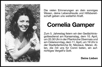 Traueranzeige von Cornelia Gamper von Dolomiten